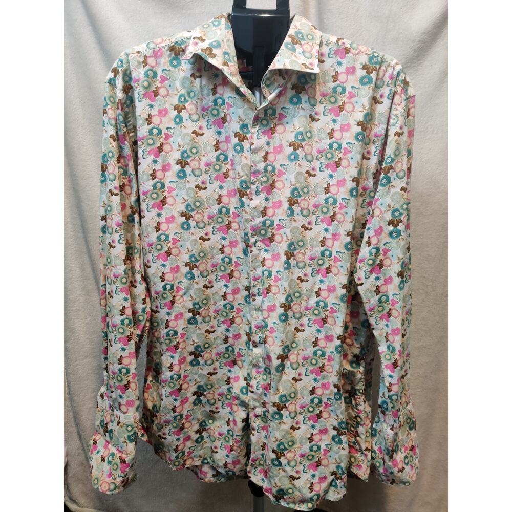 Vintage Leonardi Shirt Men's Size XL Long Sleeve Floral Square Button Up